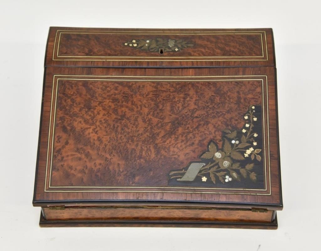 Appraisal: Burl wood lap desk circa with brass and mother-of-pearl inlay