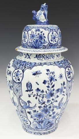 Appraisal: Delft blue and white tin-glazed earthenware covered urn late th