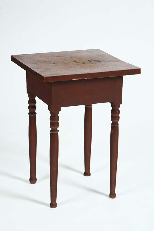 Appraisal: SMALL STAND Square top red wash and turned legs on