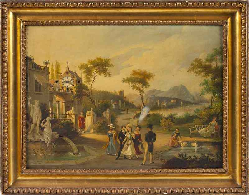 Appraisal: Austrian Picture Clock with Musical Movementthe panting an oil on