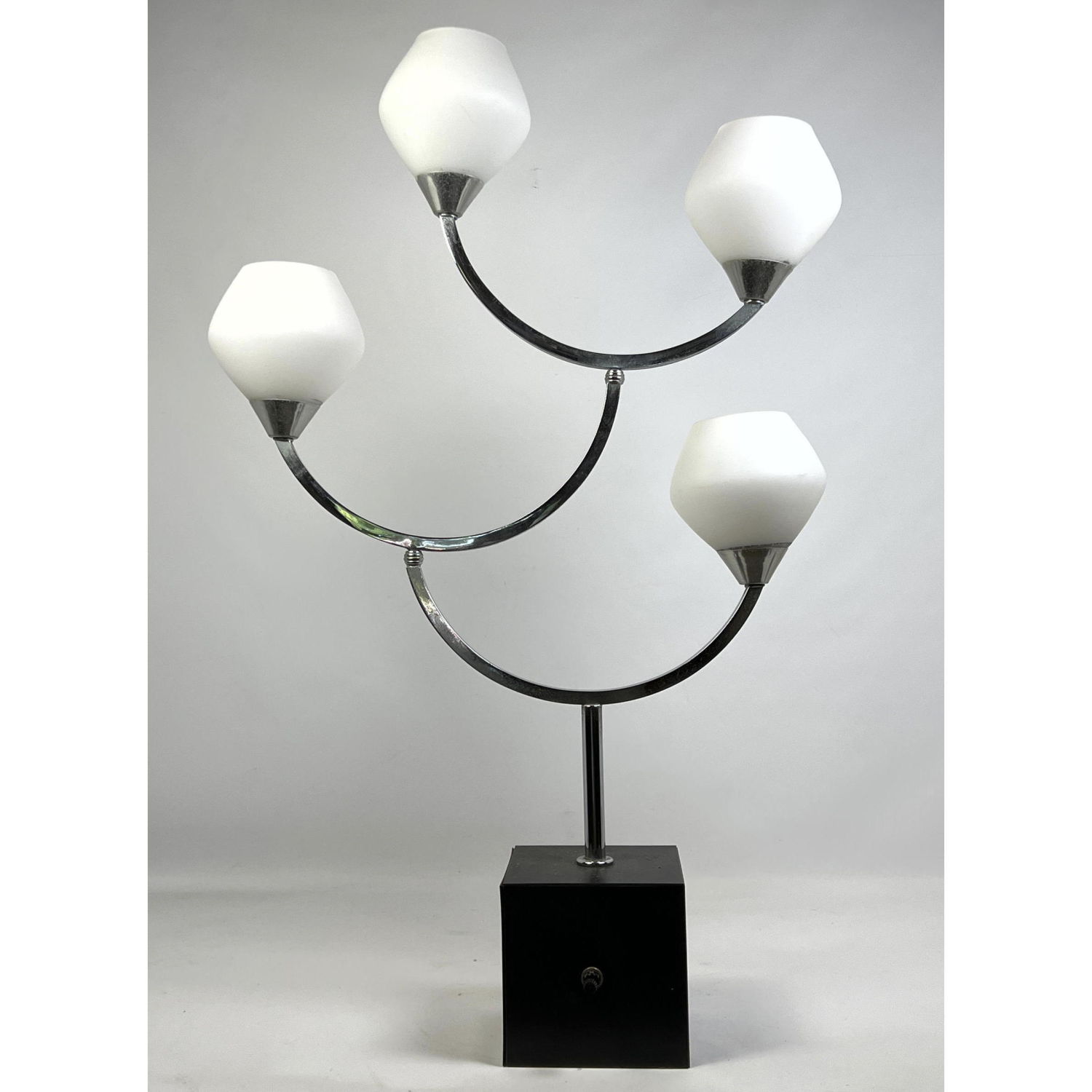 Appraisal: Unusual Modernist Chrome Four Shade Lamp Three bowed chrome arms