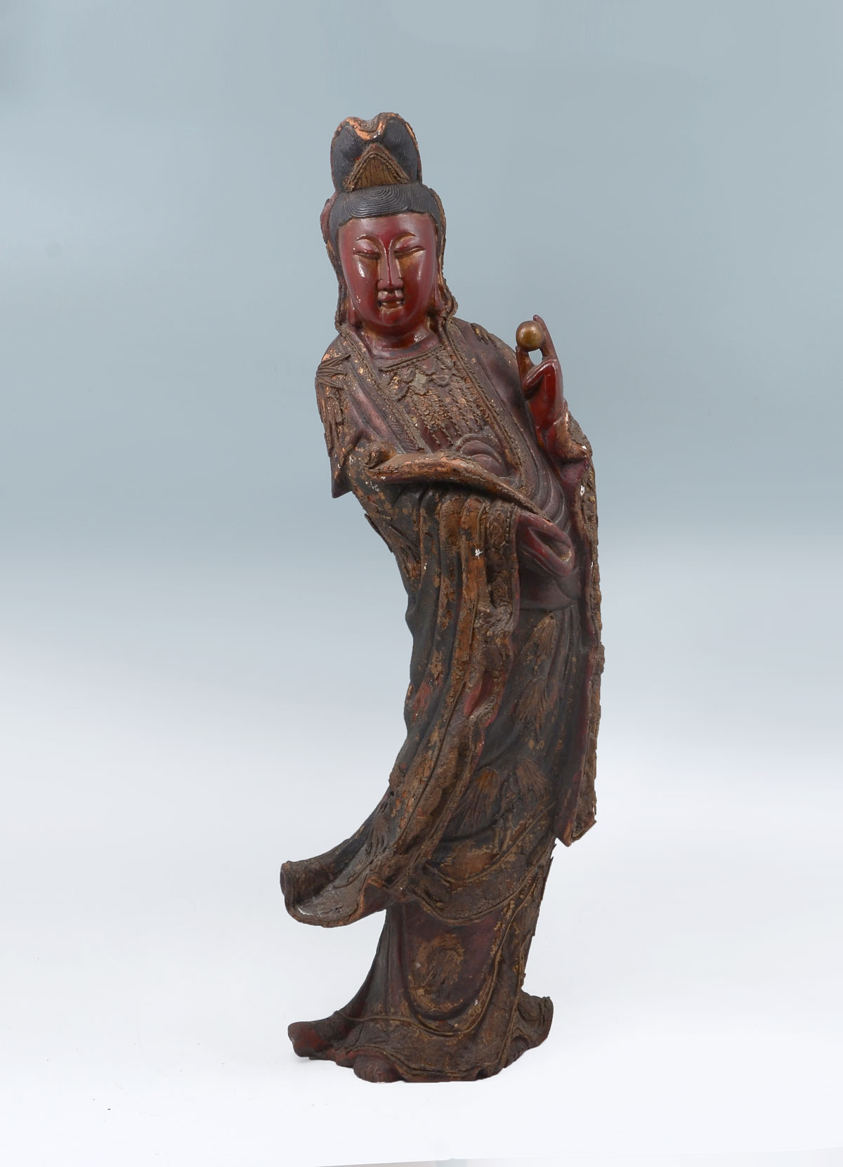 Appraisal: MING STYLE LACQUERED WOODEN QUAN-YIN Carved early Chinese red black