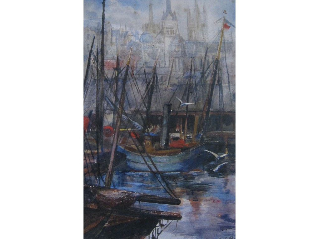 Appraisal: G C BURRELL Watercolour continental harbour scene signed