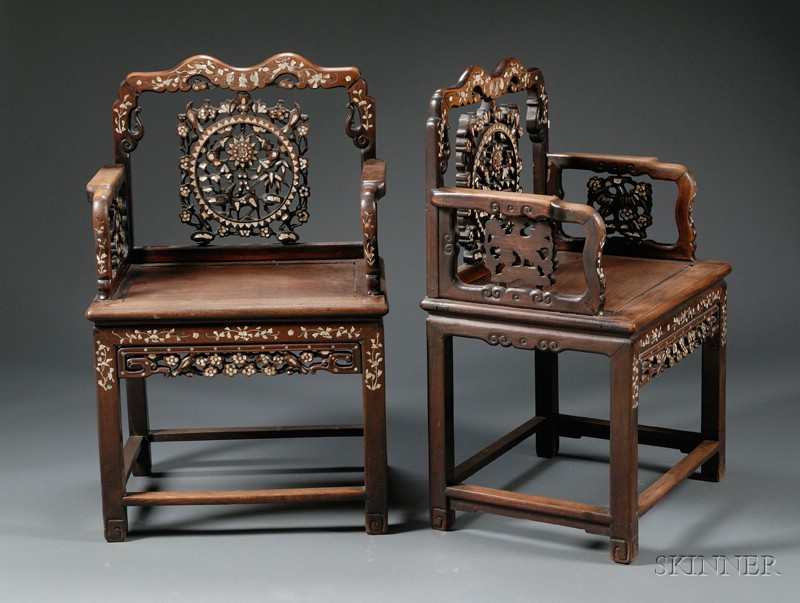 Appraisal: Pair of Chairs China th century carved rosewood inlaid with