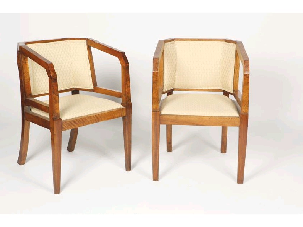 Appraisal: A PAIR OF ART DECO WALNUT VENEERED SALON CHAIRS each