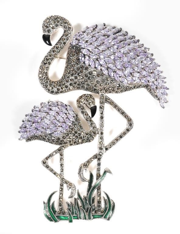 Appraisal: STERLING ENAMEL AND GEMSTONE FLAMINGO BROOCHAntique oversized mother and child