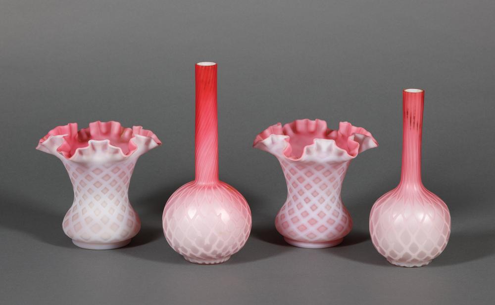 Appraisal: Group of Pink Satin Diamond Quilted Art Glass Vases incl