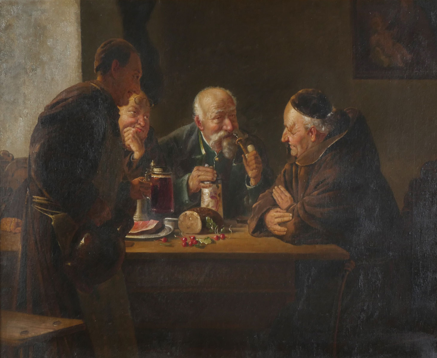 Appraisal: FINE GENRE PAINTING OF THREE MONKS AND A MAN SMOKING