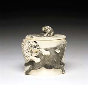 Appraisal: JAPANESE IVORY BOX Small cylindrical antique Japanese carved ivory covered