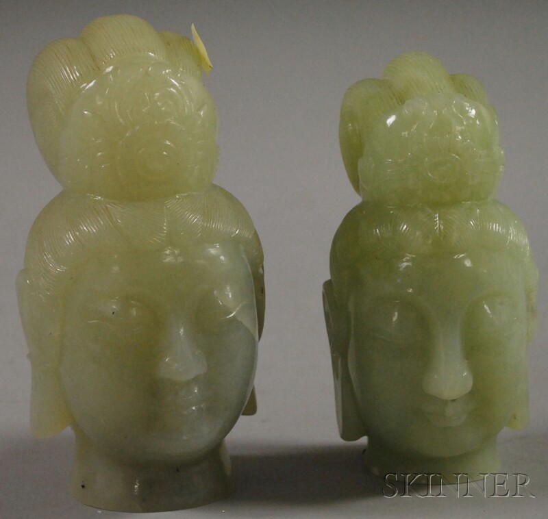 Appraisal: Near Pair of Carved Green Stone Heads possibly geishas with