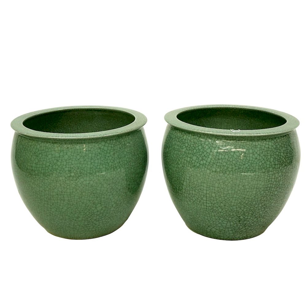 Appraisal: Pair of Celadon Crackle Glaze Jardinieres Pair of Vintage Chinese