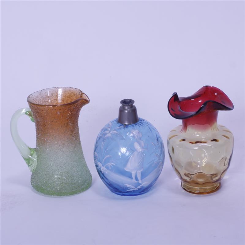 Appraisal: Three pc Victorian Art Glass Miniature Pitcher w crackle texture