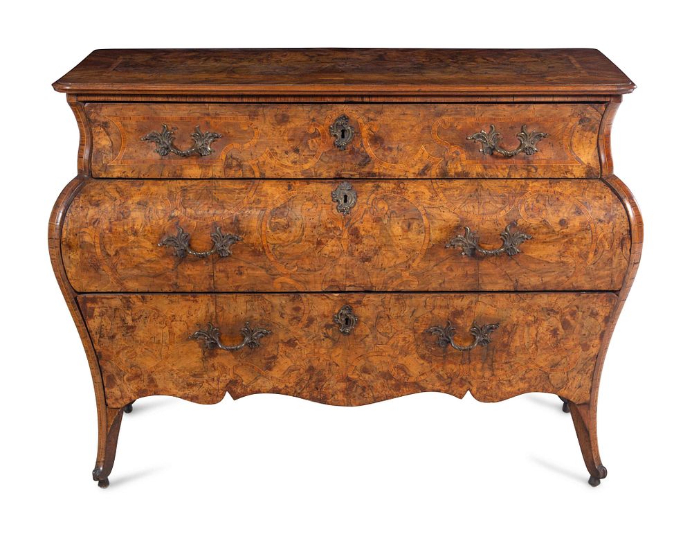 Appraisal: A Venetian Rococo Marquetry and Burl Radica Bombe Commode A