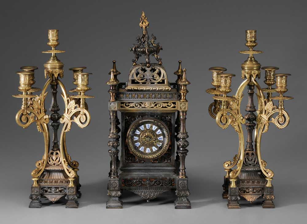 Appraisal: Renaissance Revival Clock and Garniture Pair Sconces key-wind clock with