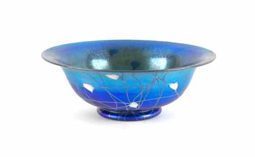 Appraisal: Blue iridescent glass bowl probably Steuben with lily decoration x