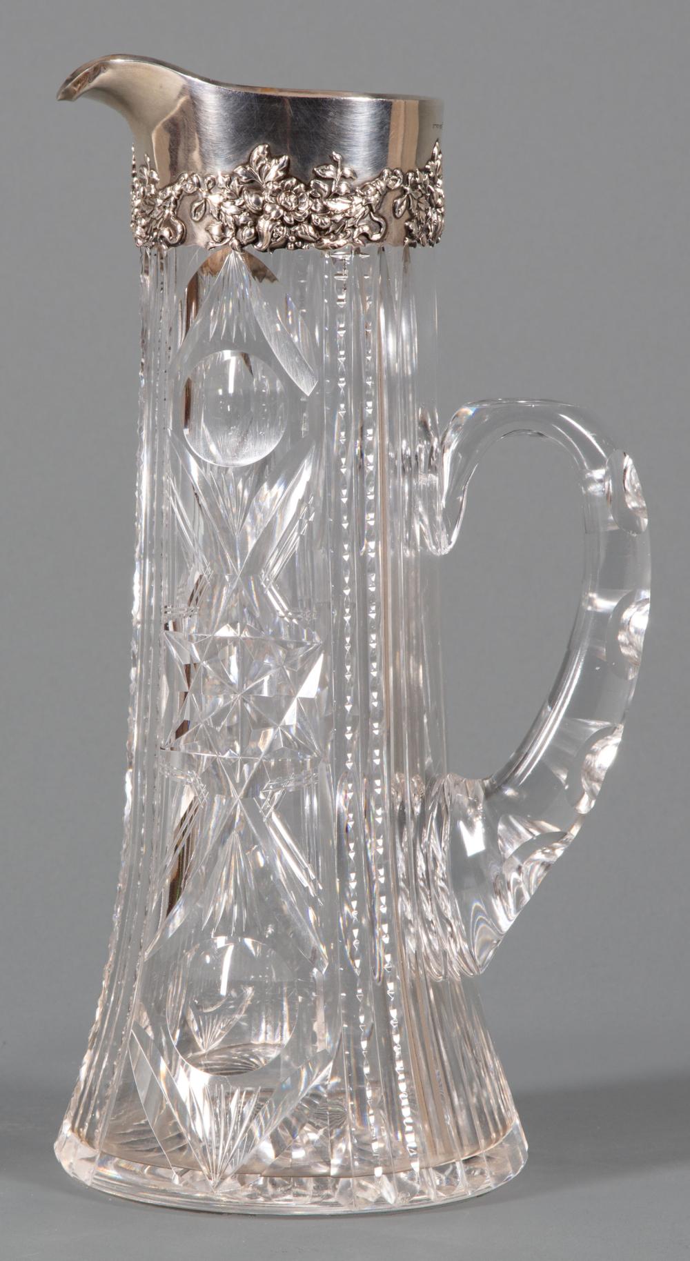 Appraisal: American Brilliant Cut Glass Pitcher with Sterling Silver Mounts hallmarked