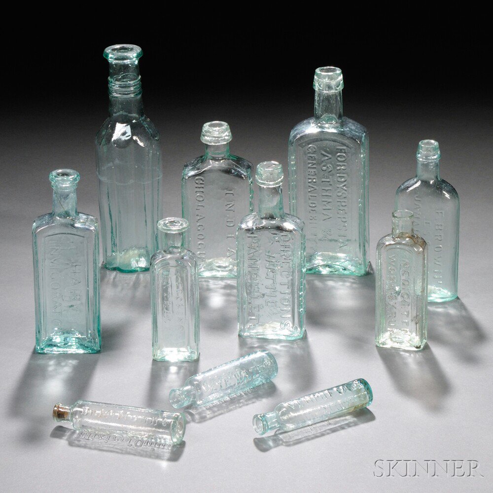 Appraisal: Ten Aqua Blown-molded Glass Medicine Druggist Bottles America late th