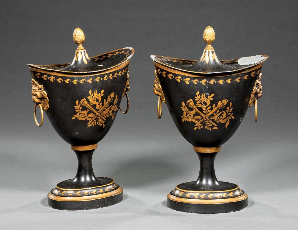 Appraisal: Pair of French Tole Peinte Chestnut Urns early th c