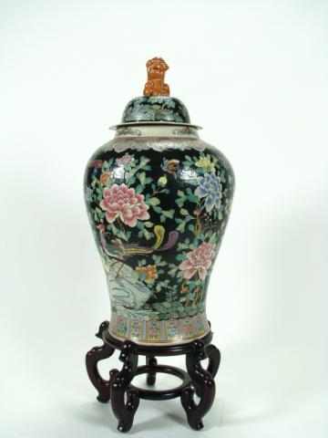 Appraisal: Large Oriental lidded floor urn with embossed flower and butterfly