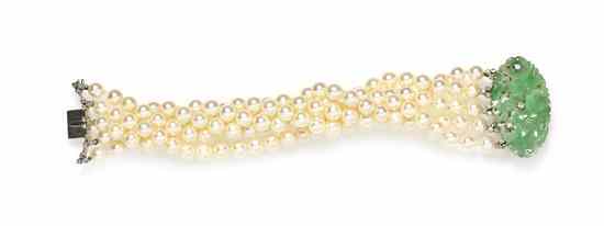 Appraisal: An Karat White Gold Jade Diamond and Multistrand Cultured Pearl