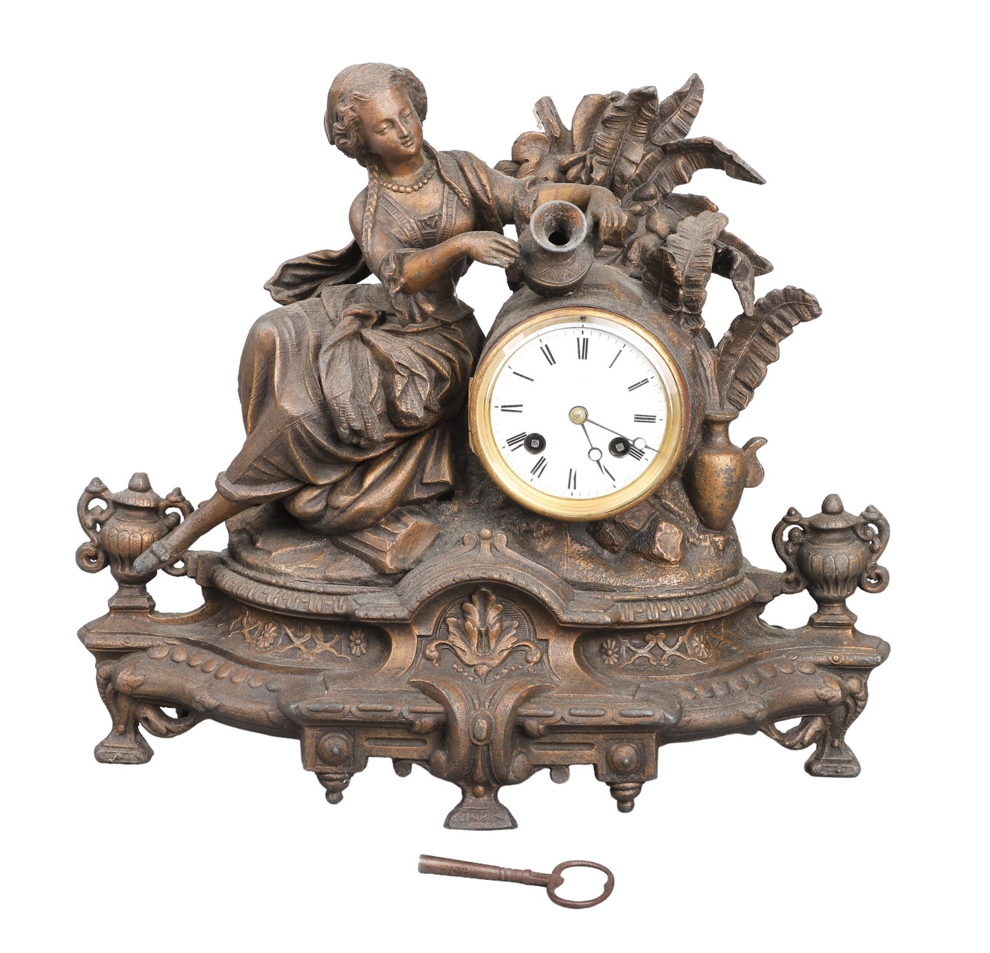 Appraisal: Figural bronze patinated spelter mantel clock seated woman with jug