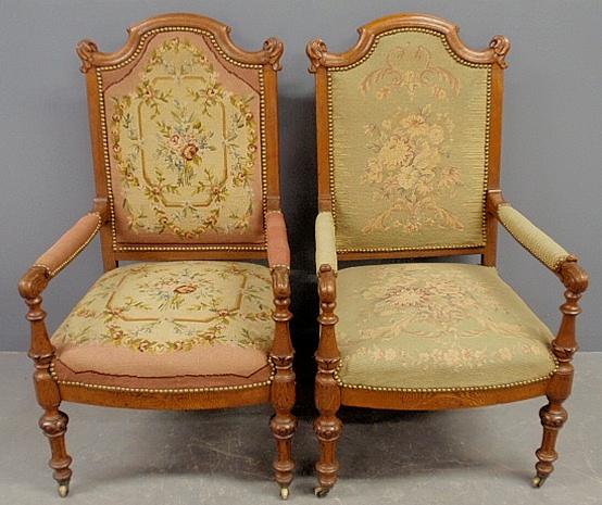 Appraisal: - Pair of carved oak open armchairs c with floral