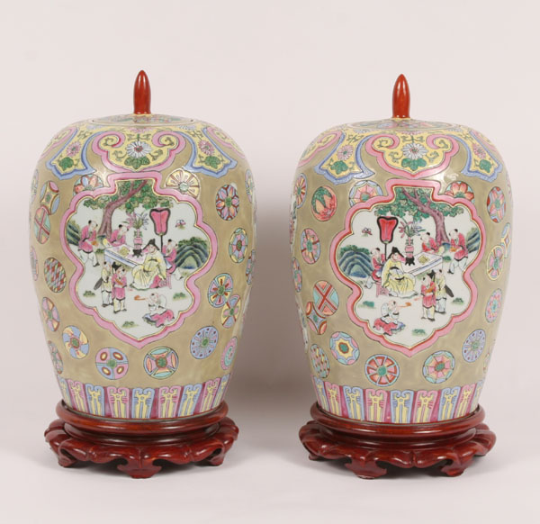 Appraisal: Two lidded Chinese vases decorative ceramic with vibrant scenic medallions