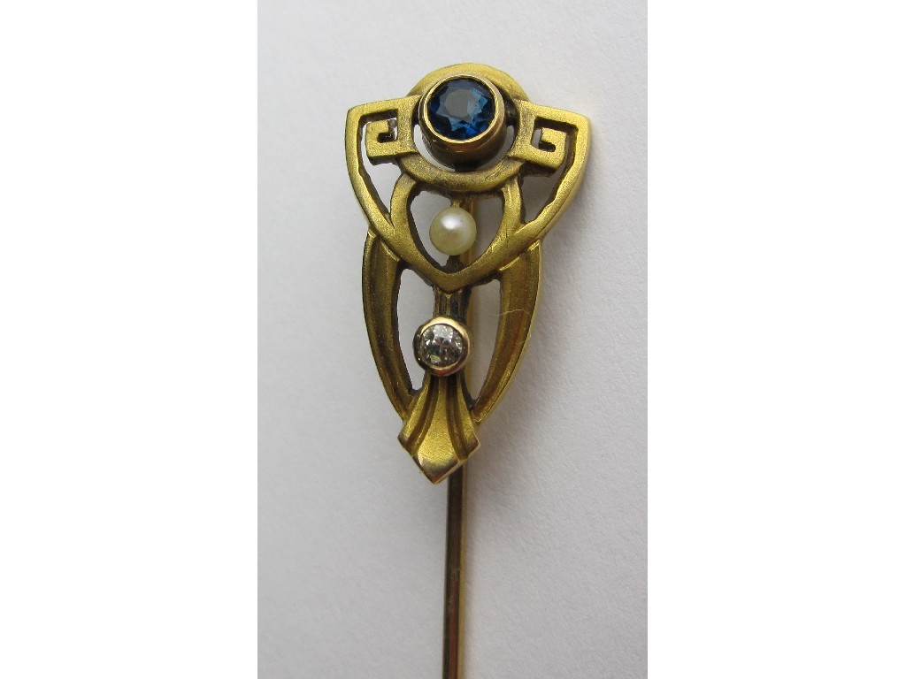 Appraisal: Art Nouveau stick pin with sapphire diamond and pearl insets