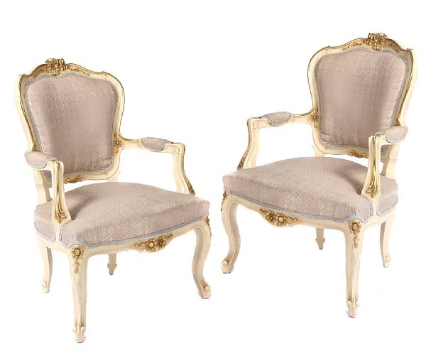 Appraisal: A pair of Italian parcel gilt and paint decorated armchairs