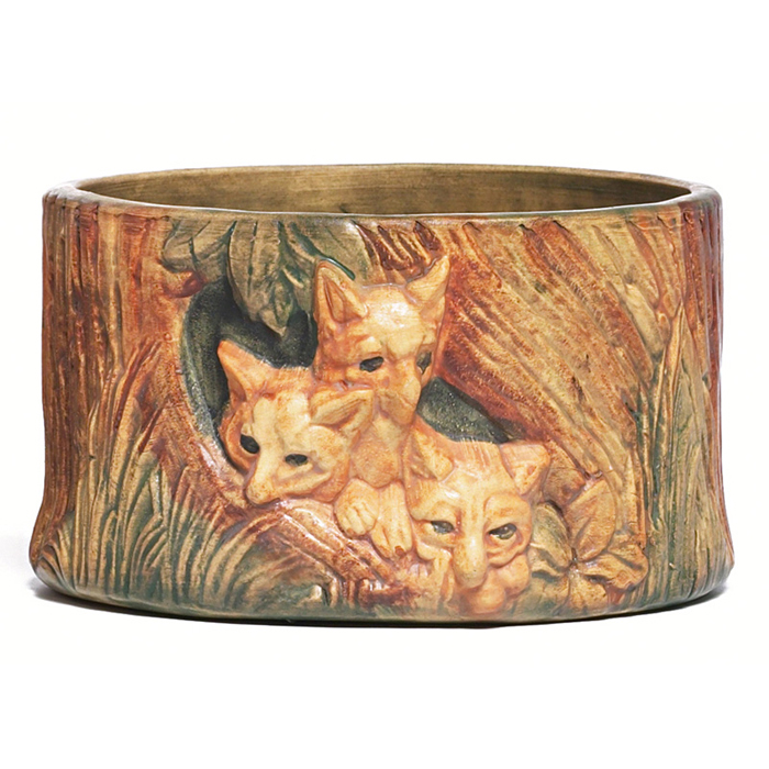 Appraisal: Weller Woodcraft vase broad cylindrical form with foxes in relief