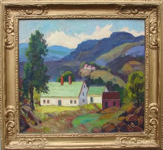 Appraisal: Cottage landscape with mountains oil on canvas x SLL Artist