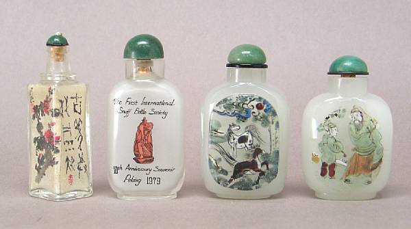 Appraisal: Four contemporary inside-painted glass snuff bottles Including a souvenir bottle