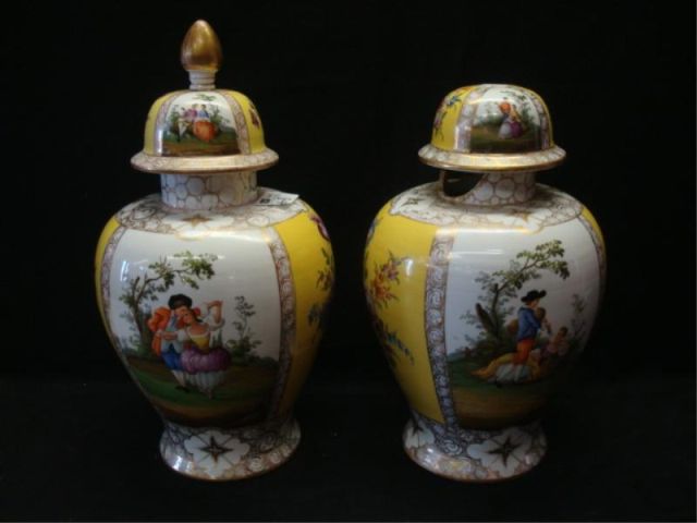 Appraisal: Pair of Dresden Lidded Urns as is Tops as is