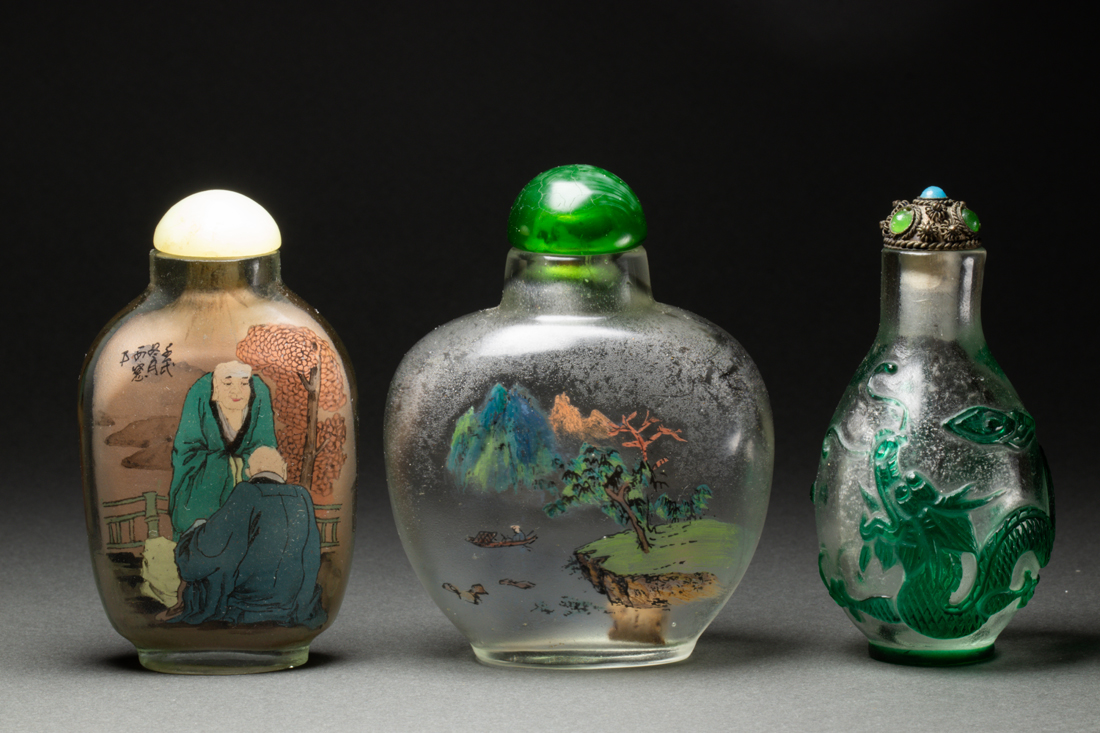 Appraisal: lot of Chinese glass snuff bottles comprising two inside-painted bottles