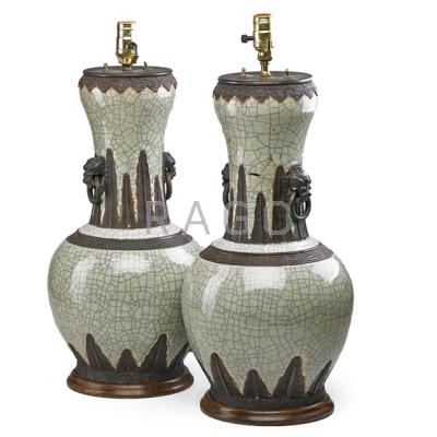 Appraisal: PAIR OF CHINESE CRACKLEWARE PORCELAIN URNS Bronze mounts and foo