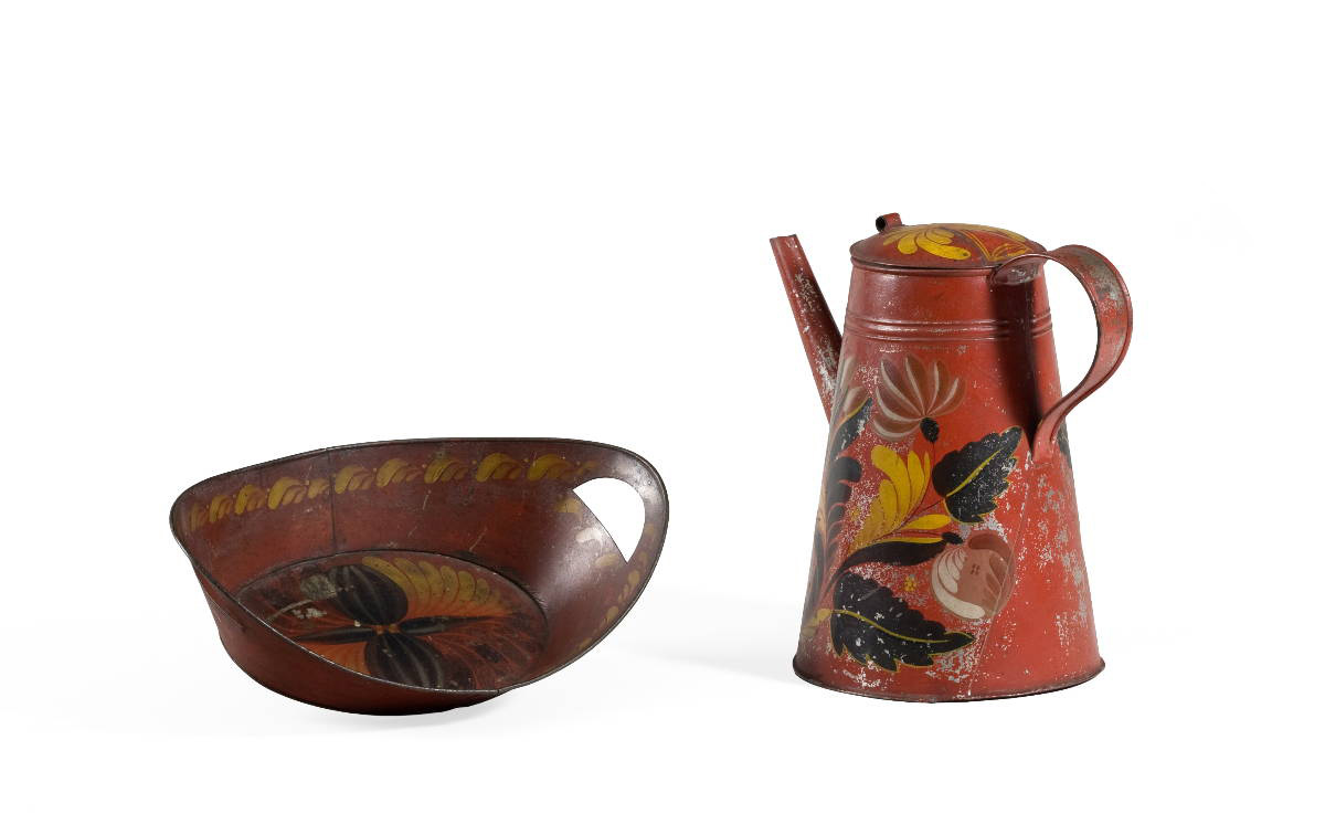 Appraisal: PENNSYLVANIA TINWARE PAINT-DECORATED RED-GROUND COFFEE POT AND A SIMILAR OVAL