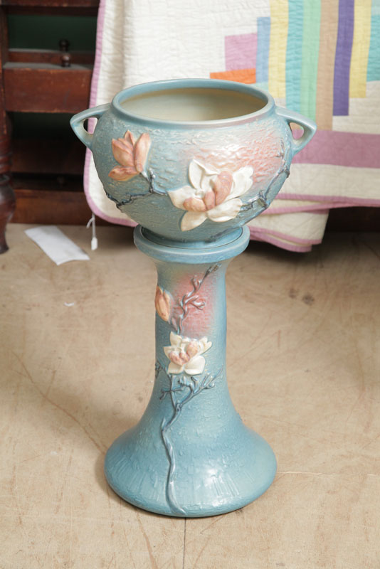 Appraisal: ROSEVILLE JARDINIERE AND PEDESTAL In blue Magnolia pattern form -