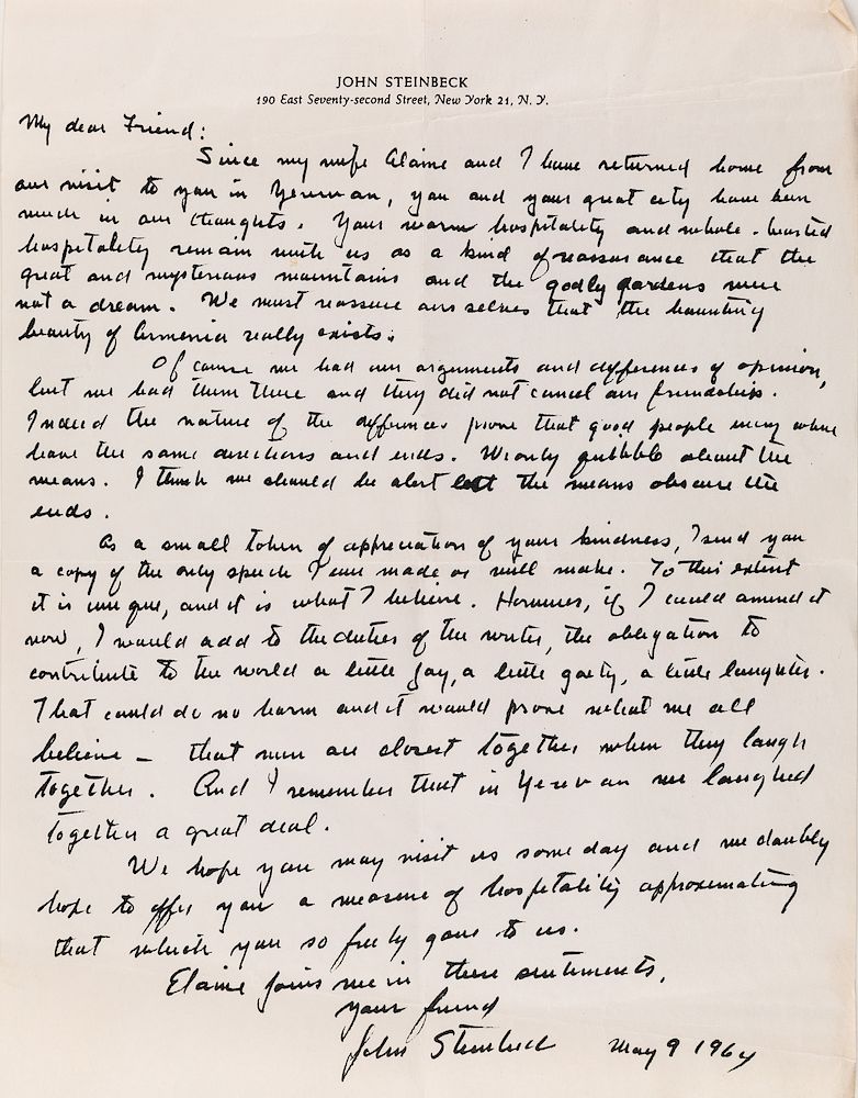 Appraisal: AN AUTOGRAPH LETTER BY JOHN STEINBECK REFLECTING ON A RECENT