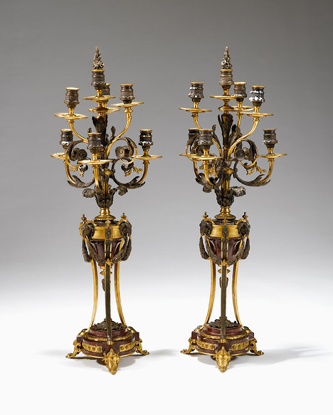 Appraisal: Pair of Neoclassical style eight-light gilt patinated bronze and rouge