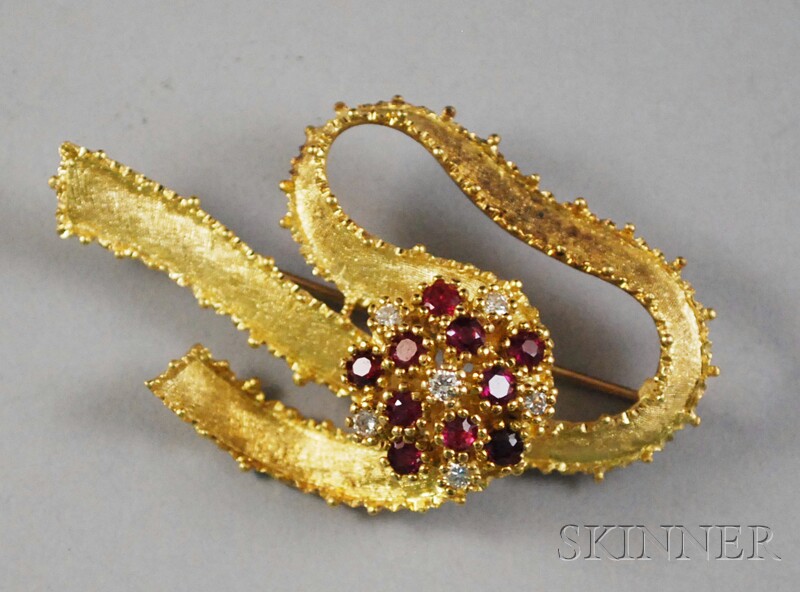 Appraisal: kt Gold Ruby and Diamond Ribbon Brooch total dwt lg