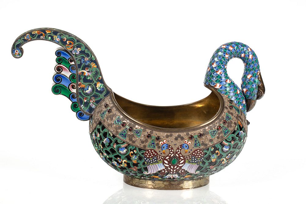 Appraisal: A LARGE RUSSIAN FABERGE-STYLE SILVER AND SHADED CLOISONNE ENAMEL KOVSH