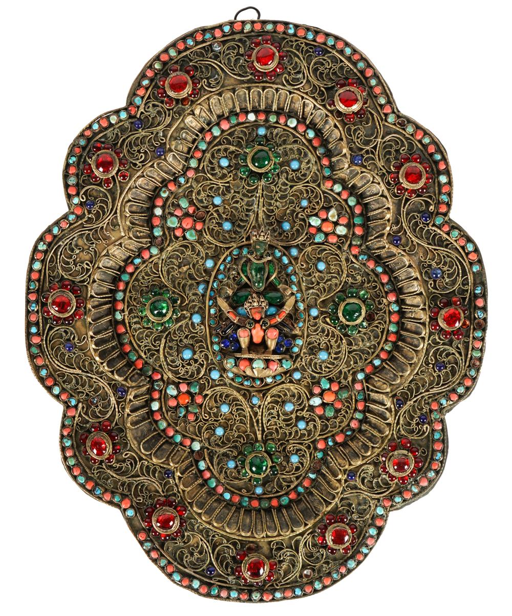 Appraisal: NEPALESE INLAID METAL PLAQUEfilligree overlay with colored glass and stone