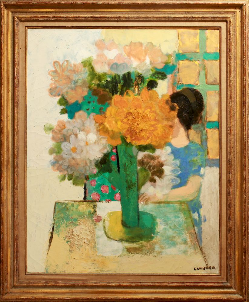 Appraisal: Noe Canjura Woman Arranging Flowers Oil on Canvas Noe Canjura