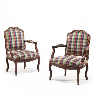 Appraisal: Pair of Louis XV Carved Fauteuils th century walnut shaped