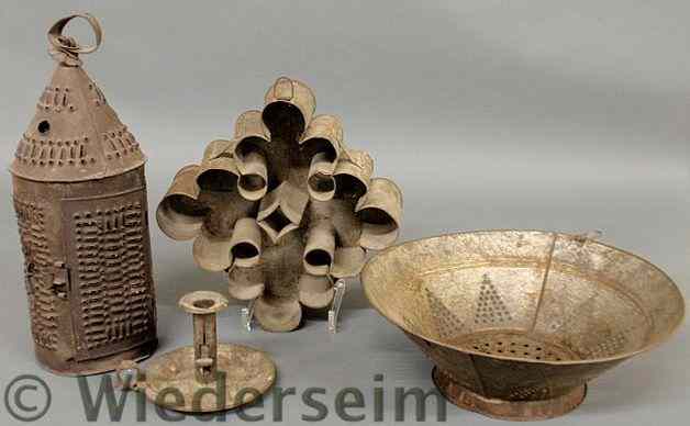 Appraisal: Group of th c tinware to include punched tin lantern