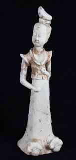 Appraisal: Chinese Tang Pottery Attendant Chinese Tang pigment decorated pottery figure