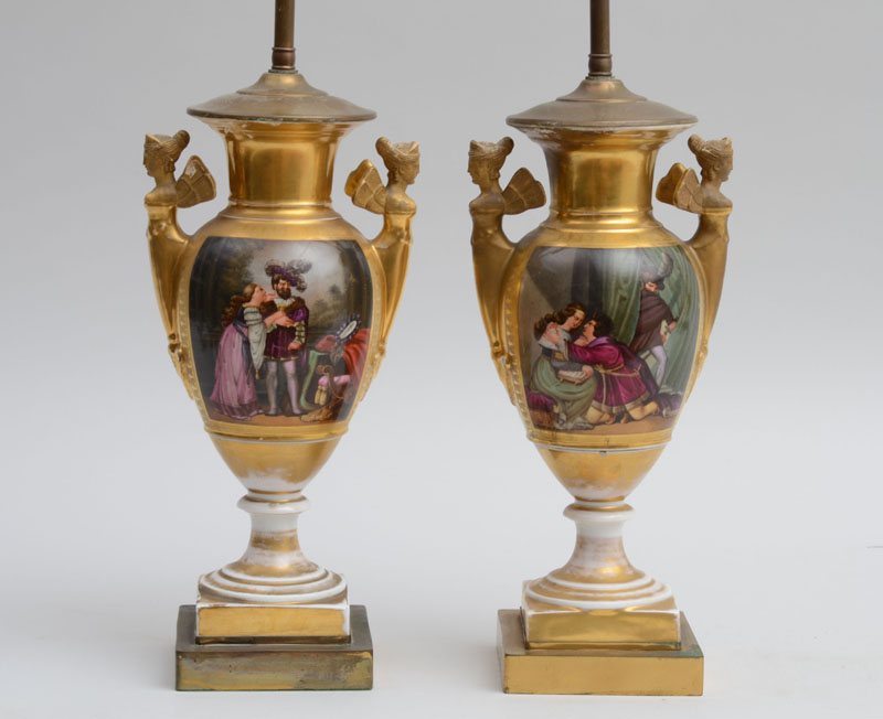 Appraisal: PAIR OF PARIS PORCELAIN SCENIC VASES MOUNTED AS LAMPS Each