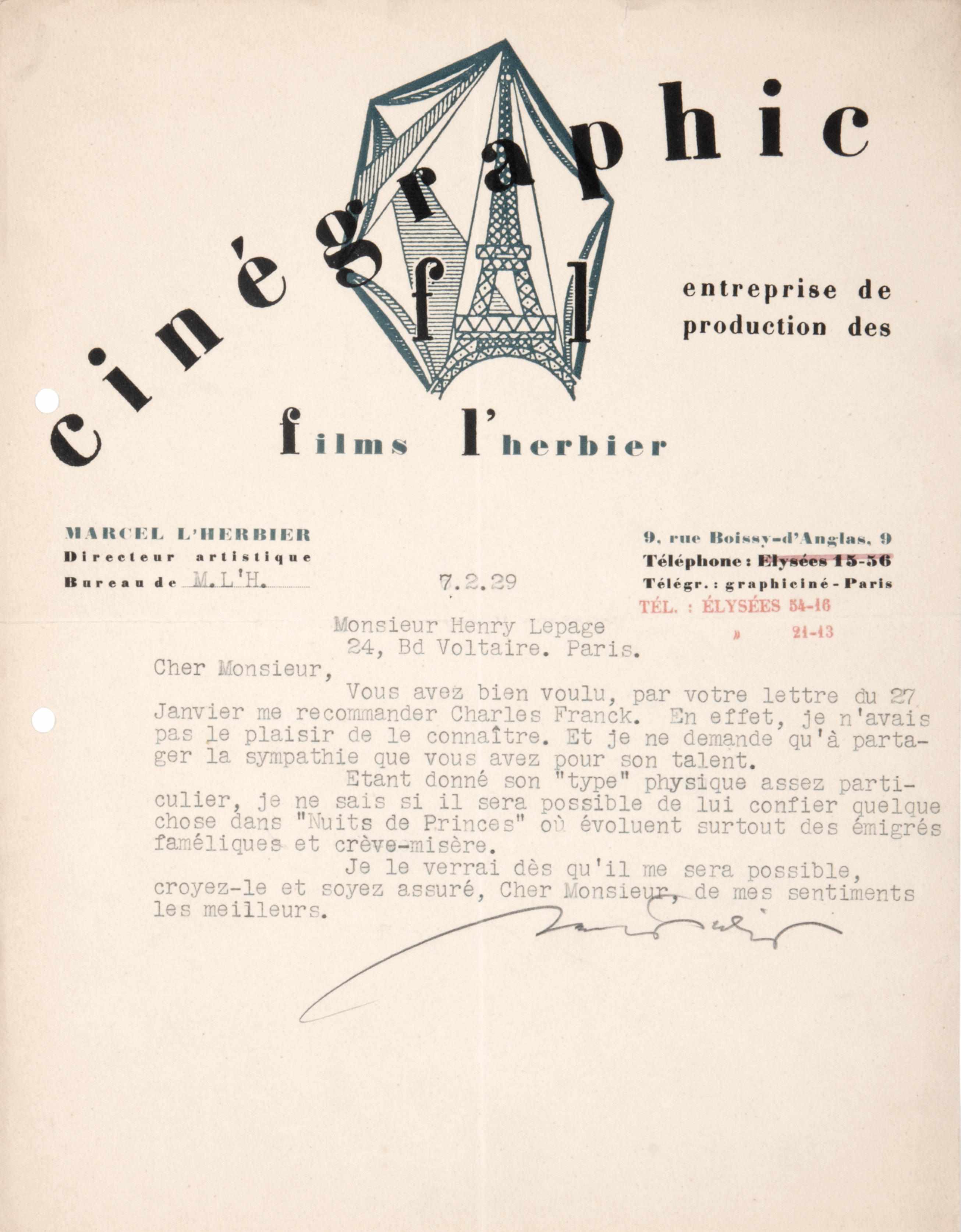 Appraisal: L'HERBIER MARCEL - Autograph Letter Signed ''Marcel L'HERBIER'' pp recto