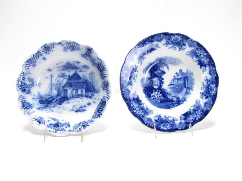 Appraisal: Two Flow Blue Scenic Bowls including Warwick depicting home on