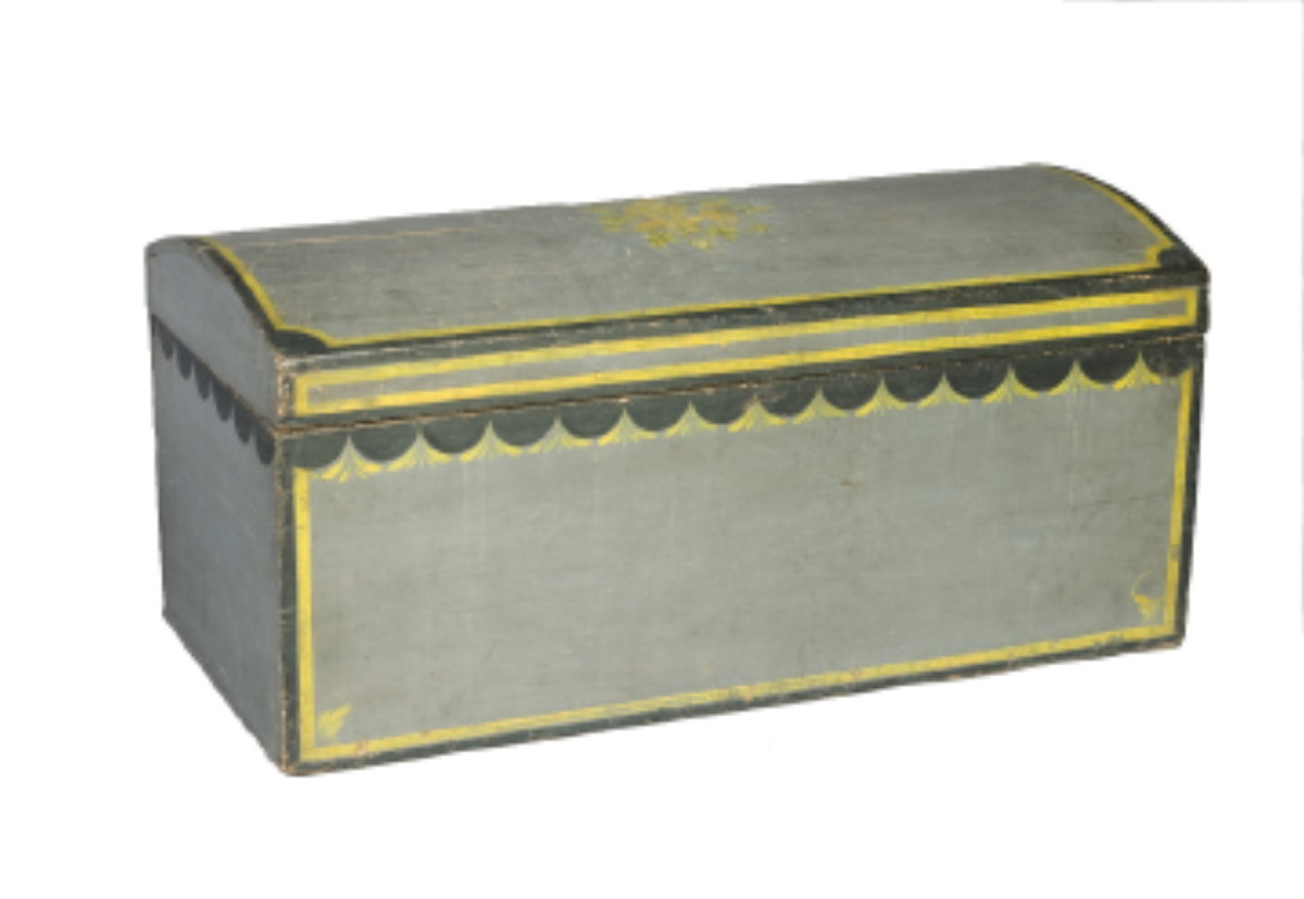 Appraisal: LARGE AMERICAN GREY-PAINTED AND DECORATED DOME-TOP TRUNK CIRCA The lid